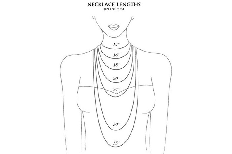 May include: A line drawing of a person wearing necklaces of different lengths, showing how they would look on a person. The lengths are labeled in inches: 14", 16", 18", 20", 24", 30", and 33".