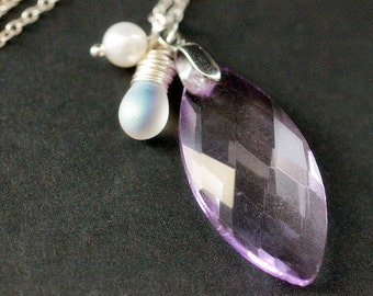 Purple Crystal Necklace. Lavender Crystal Teardrop Necklace with Wire Wrapped Teardrop and Pearl. Purple Necklace. Purple Crystal Pendant.