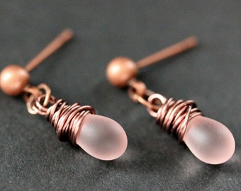 COPPER Earrings - Clouded Pink Teardrop Earrings. Dangle Earrings. Stud Post Earrings. Handmade Jewelry.