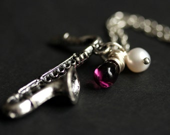 Silver Saxophone Necklace. Music Necklace. Musical Instrument Charm Necklace with Glass Teardrop and Fresh Water Pearl.