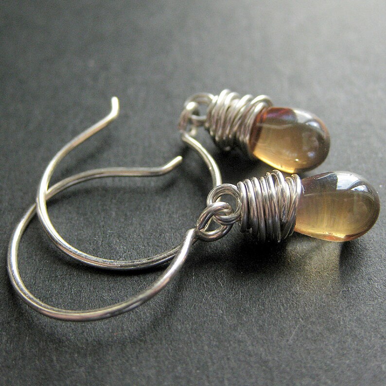 Dangle Earrings: Wire Wrapped Earrings in Champagne Shimmer and Silver. Drop Earrings. Handmade Jewelry. image 2