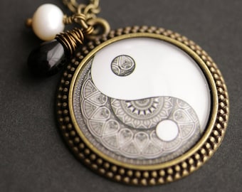 Yin Yang Necklace. Mandala Pendant. YinYang Necklace with Glass Teardrop and Fresh Water Pearl. Glass Faced Bronze Necklace.