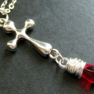 Christian Jewelry. Teardrop Pendant Necklace. Red Necklace. Silver Cross Necklace. Handmade Jewelry.