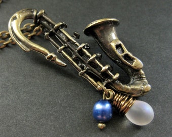 Music Necklace. Saxophone Necklace. Charm Necklace with Fresh Water Pearl and Glass Teardrop. Handmade Jewelry.