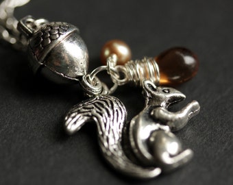 Squirrel Necklace. Silver Squirrel and Acorn Charm Necklace with Glass Teardrop and Fresh Water Pearl. Acorn Necklace. Handmade Jewelry.