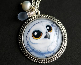 White Owl Necklace. Snow Owl Pendant. Big Eye Owl Necklace with Pale Blue Teardrop and Fresh Water Pearl. Light Blue Necklace.