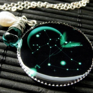 Sagittarius Necklace. Sun Sign Zodiac Jewelry with Teal Green Teardrop and Fresh Water Pearl. Handmade Jewelry.
