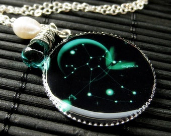 Sagittarius Necklace. Sun Sign Zodiac Jewelry with Teal Green Teardrop and Fresh Water Pearl. Handmade Jewelry.