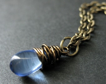 Teardrop Necklace. Sky Blue Teardrop Necklace in Bronze. Bridesmaid Necklace. Handmade Jewelry.