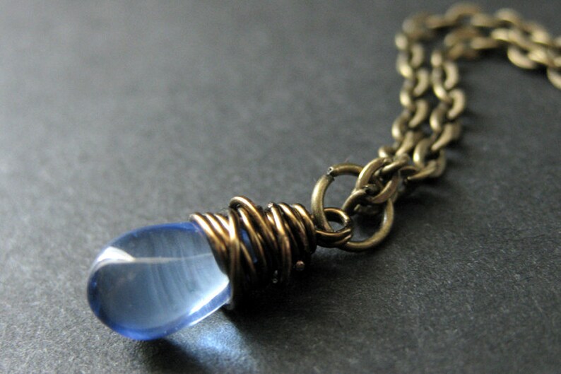 Teardrop Necklace. Sky Blue Teardrop Necklace in Bronze. Bridesmaid Necklace. Handmade Jewelry. image 1