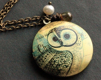 Bronze Owl Locket Necklace. Owl Necklace with Brown Glass Teardrop and Freshwater Pearl. Handmade Jewelry.