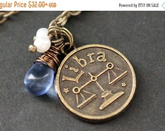 VALENTINE SALE Libra Necklace. Zodiac Necklace. Sun Sign Charm Necklace with Glass Teardrop and Pearls. Handmade Jewelry.