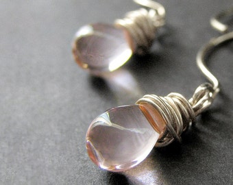 Wire Wrapped Earrings: Pale Pink Clear Teardrop Earrings in Silver. Handmade Jewelry.