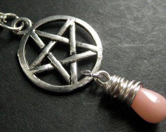 Wiccan Necklace. Pink Coral Necklace. Teardrop Necklace. Silver Pentagram Necklace. Handmade Jewelry.