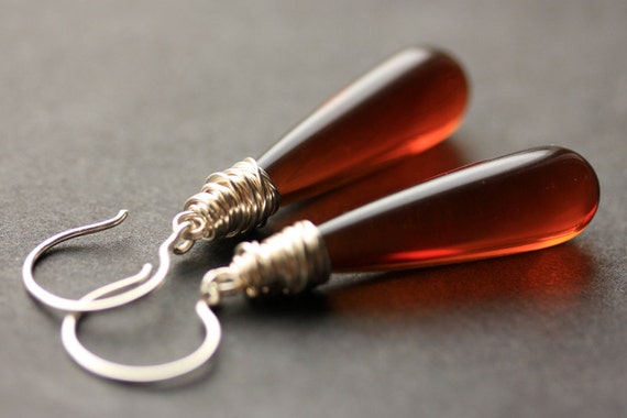 Dark Honey Earrings. Coffee Colored Long Earrings. Dark Honey Earrings. Long Teardrop Earrings. Brown Earrings. Wire Wrapped Earrings.
