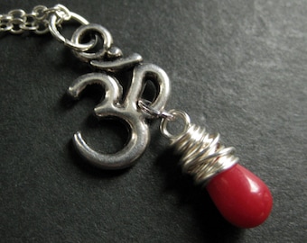 Ohm Necklace. Red Coral Necklace. Yoga Necklace. Om Necklace in Silver. Teardrop Necklace. Handmade Jewelry.