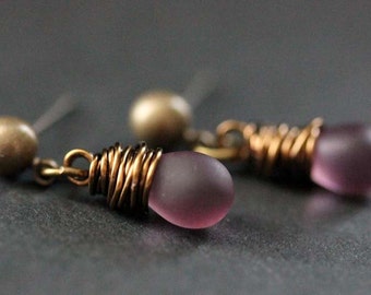 BRONZE Earrings - Clouded Purple Teardrop Earrings. Dangle Earrings. Post Earrings. Handmade Jewelry.