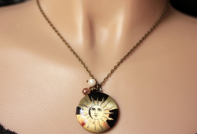 Sun Chain Locket Sun Necklace. Sun Locket Necklace. Celestial Bronze Necklace With Glass ...