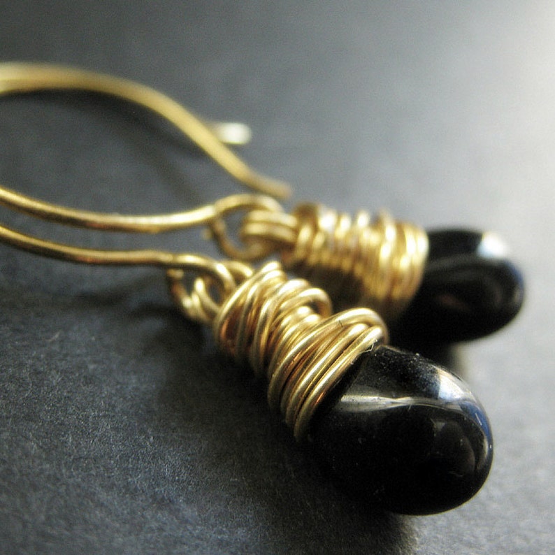 Black Earrings Black Teardrop Earrings Wire Wrapped in Gold. Handmade Jewelry. image 3