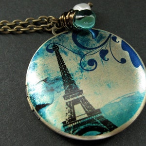 Locket Necklace. Eiffel Tower Locket with Fresh Water Pearl and Aqua Teal Teardrop. Eiffel Tower Necklace. Handmade Jewelry.