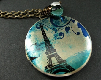 Locket Necklace. Eiffel Tower Locket with Fresh Water Pearl and Aqua Teal Teardrop. Eiffel Tower Necklace. Handmade Jewelry.