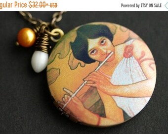 SUMMER SALE Joueuse de Flute Locket Necklace. Flute Necklace. Paul Berthon Necklace with White Coral Teardrop and Orange Pearl. Art Nouveau