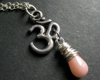 Om Necklace. Pink Coral Necklace. Yoga Necklace. Ohm Necklace in Silver. Teardrop Necklace. Handmade Jewelry.