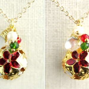 Holiday Bell Necklace. Christmas Necklace in Red and Green. Gold Bell Necklace. Holiday Necklace. Poinsettia Necklace. Handmade Jewelry. image 2