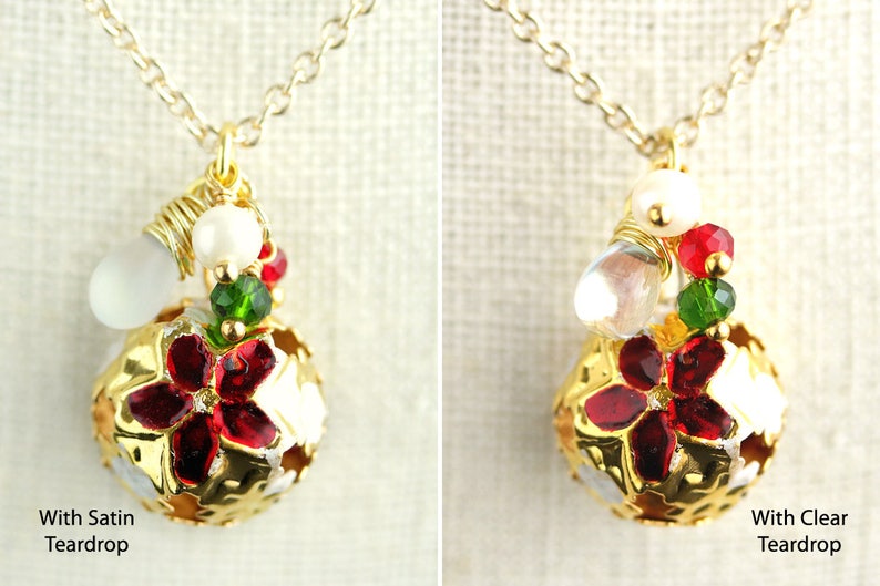 Holiday Bell Necklace. Christmas Necklace in Red and Green. Gold Bell Necklace. Holiday Necklace. Poinsettia Necklace. Handmade Jewelry. image 2