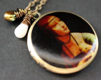 Locket Necklace. Leonardo Da Vinci Necklace with Coral Teardrop and Pearl. Lady with an Ermine Locket. DaVinci Necklace. Handmade Jewelry.