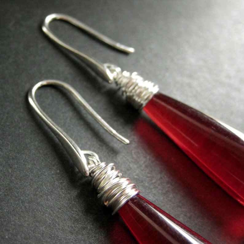 Long Earrings. Red Earrings. Extra Long Dangle Earrings Wire Wrapped in Silver. Handmade Jewelry. image 4