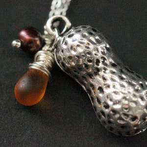 Peanut Necklace. Silver Peanut Charm Necklace with Frosted Honey Teardrop and Brown Fresh Water Pearl. Handmade Jewellery.