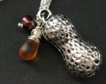 VALENTINE SALE Peanut Necklace. Silver Peanut Charm Necklace with Frosted Honey Teardrop and Brown Fresh Water Pearl. Handmade Jewellery.