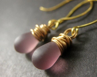 Wire Wrapped Earrings - Purple Frosted Glass Teardrop Earrings in Gold. Handmade Jewelry.