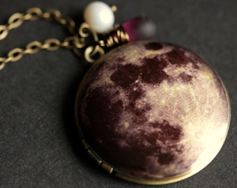 Moon Locket Necklace. Moon Necklace with Frosted Purple Teardrop and Fresh Water Pearl. Moon Photo Locket Necklace. Handmade Jewelry.