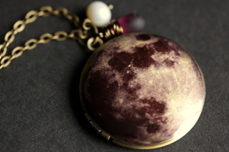 Moon Locket Necklace. Moon Necklace with Frosted Purple | Etsy
