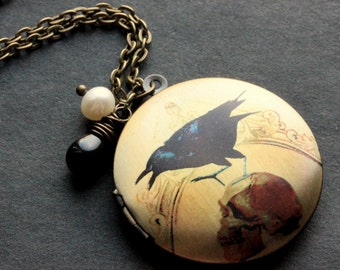 Gothic Raven Locket Necklace. Raven Charm Necklace with Black Teardrop and Pearl. Handmade Jewelry.