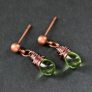 COPPER Earrings Green Teardrop Earrings. Stud Earrings. Dangle Earrings. Post Earrings. Handmade Jewelry. image 4