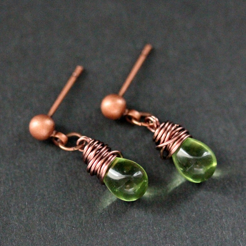 COPPER Earrings Green Teardrop Earrings. Stud Earrings. Dangle Earrings. Post Earrings. Handmade Jewelry. image 4