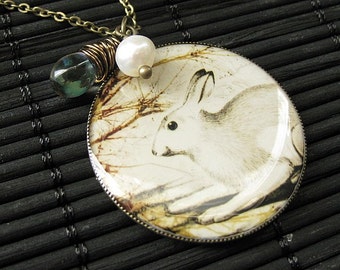 Woodland Rabbit Necklace with Fresh Water Pearl and Wire Wrapped Teardrop. Handmade Jewelry.