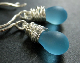 Frosted Turquoise Earrings. Silver Wire Wrapped Earrings.Teardrop Earrings. Handmade Jewelry.