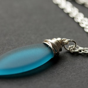 Teal Seaglass Necklace. Teal Necklace. Teal Frosted Glass Necklace. Marquis Necklace in Silver. Handmade Jewelry.