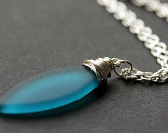 Teal Seaglass Necklace. Teal Necklace. Teal Frosted Glass Necklace. Marquis Necklace in Silver. Handmade Jewelry.