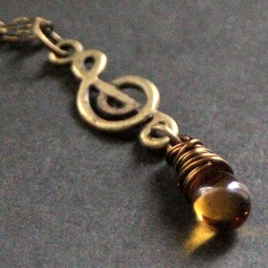 Honey Teardrop Necklace. Musical Note Necklace. Treble Clef Necklace. Music Necklace in Bronze. Handmade Jewelry.