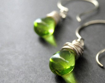 Wire Wrapped Earrings: Absinthe Green Clear Teardrop Earrings in Silver. Handmade Jewelry.