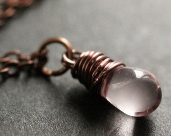 Pink Teardrop Necklace. Copper Necklace. Wire Wrapped Teardrop Necklace. Bridesmaid Jewelry. Handmade Jewelry.