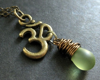 Ohm Necklace. Yoga Jewelry. Teardrop Necklace in Bronze. Yoga Necklace. Clouded Green Necklace. Handmade Jewelry.