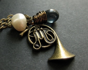 French Horn Necklace. Music Necklace. Instrument Pendant. Charm Necklace with Dusk Blue Teardrop. Handmade Jewellery.