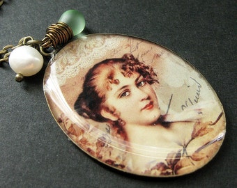 Beautiful Lady Necklace. Renaissance Woman Pendant with Pale Green Teardrop and Pearl. Handmade Jewelry.