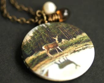 Woodland Locket Necklace. Deer in the Forest Necklace. Deer Necklace with Brown Teardrop and White Pearl Charm. Bronze Necklace.